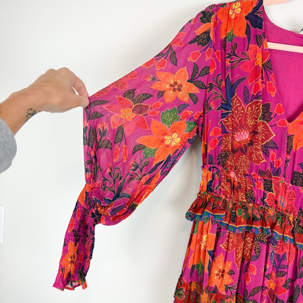 Farm Rio Tropical Tapestry Mini Dress Long Sleeve Floral Pink Size Medium - Picture 7 of 16
